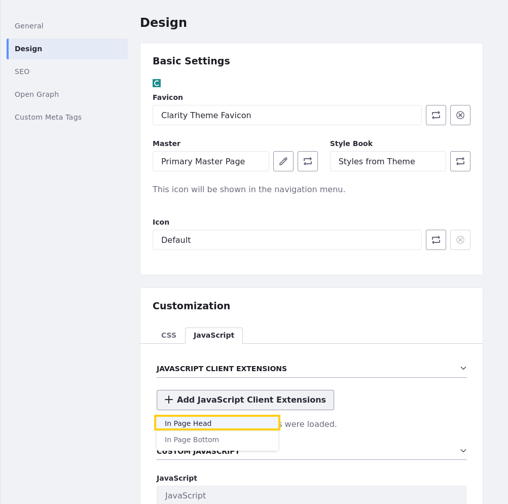 Click Add JavaScript Client Extensions and select In Page Head in the dropdown.