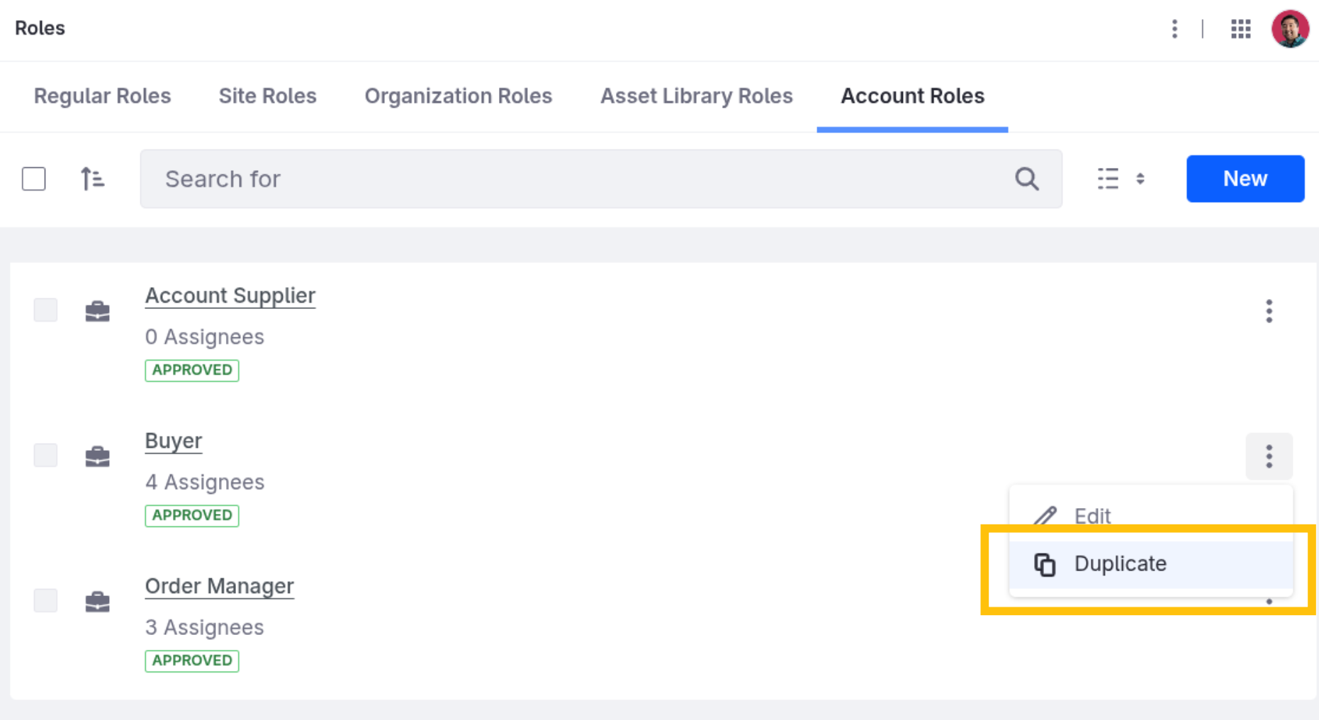 Liferay UI screenshot: On the Account Roles tab, the Duplicate option is revealed after clicking the actions icon to the right of the Buyer role.