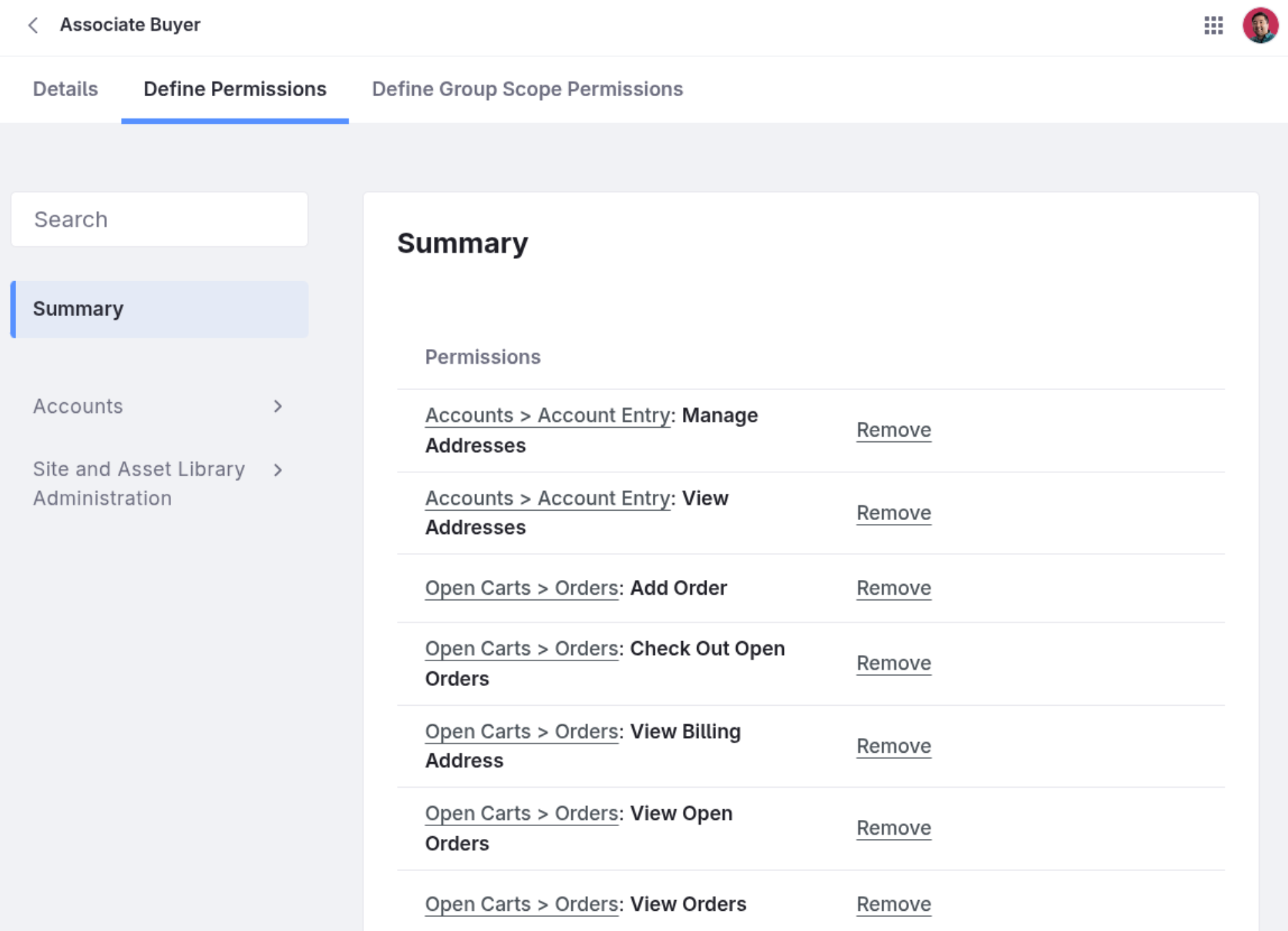 Liferay UI screenshot: The Associate Buyer role has similar permissions as the Buyer role, but the only remaining management permission is to manage the account's addresses.