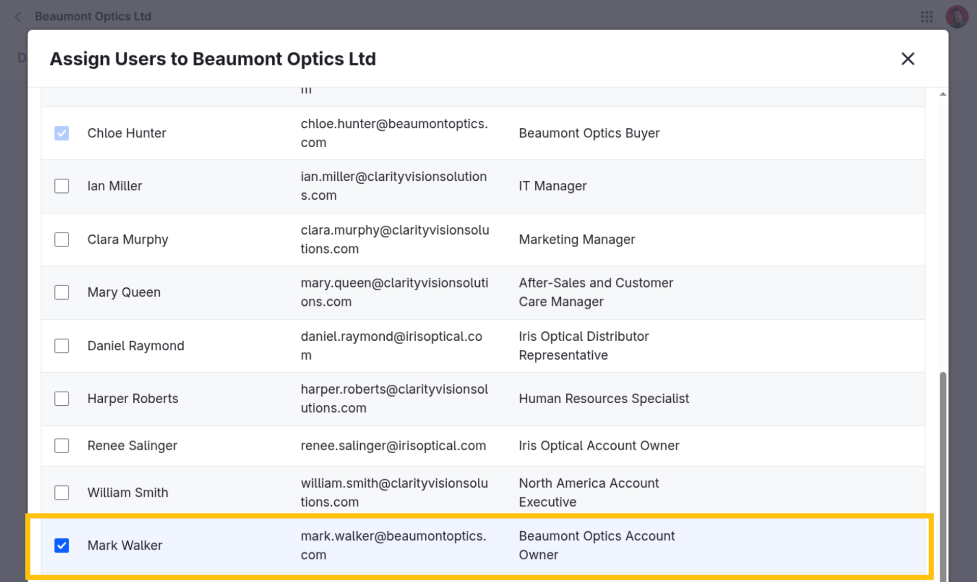 Liferay UI screenshot: Both Chloe Hunter and Mark Walker have the checkbox next to their name selected.