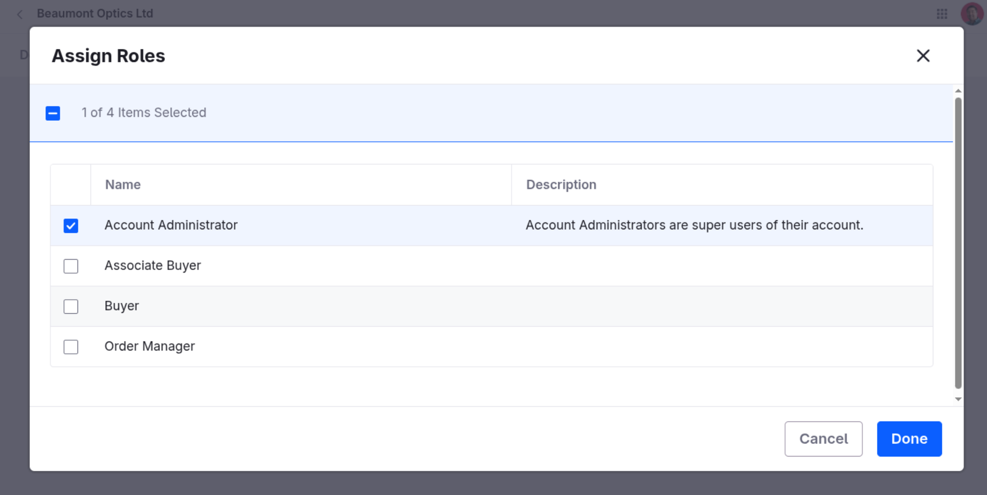 Liferay UI screenshot: The Account Administrator checkbox is now selected.
