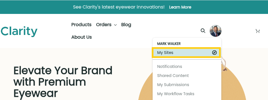 Liferay UI screenshot: After clicking on the user profile picture in the upper right, the My Sites option is revealed.