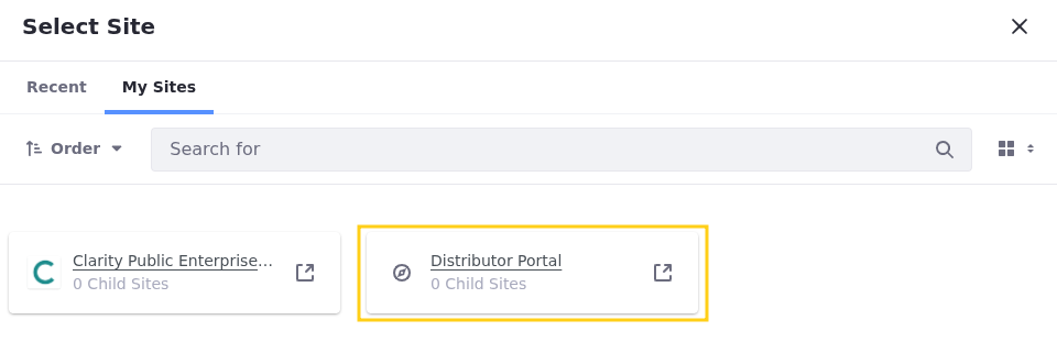 Liferay UI screenshot: The Distributor Portal site option is available on the My Sites tab.