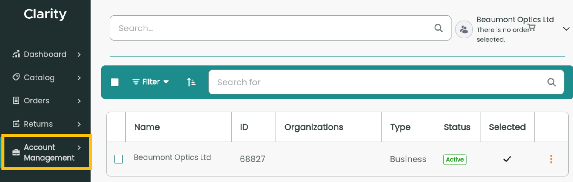 Liferay UI screenshot: The Account Management menu is at the bottom of the left sidebar.