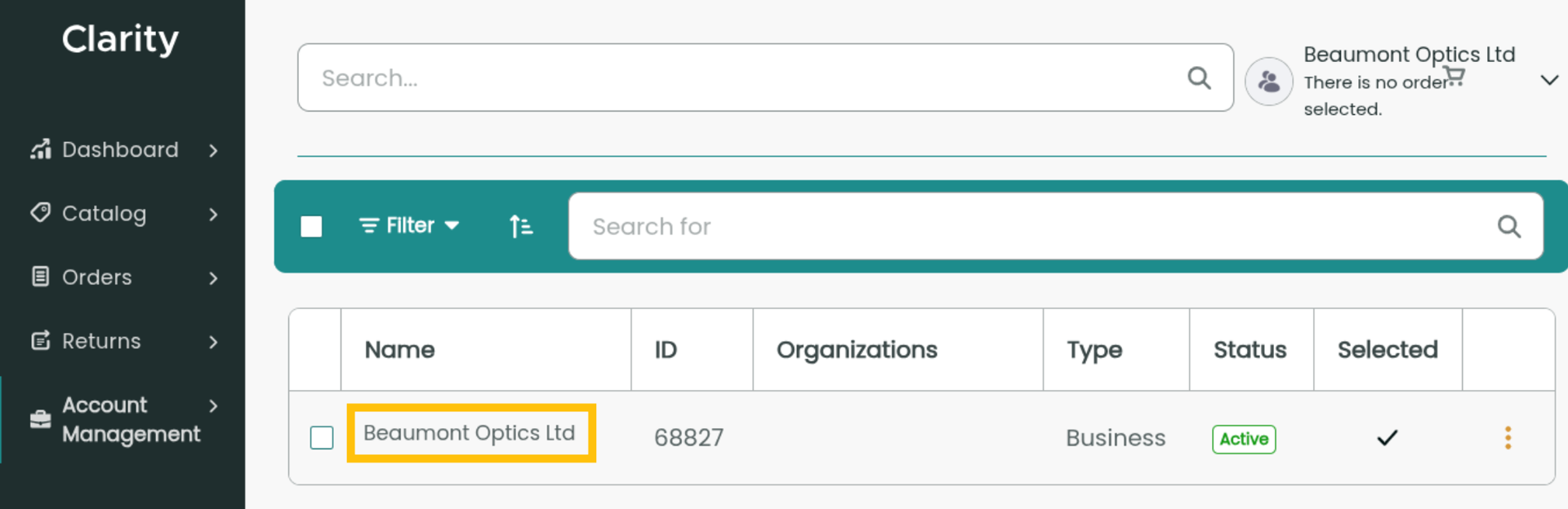 Liferay UI screenshot: The Beaumont Optics Ltd name is a clickable button.