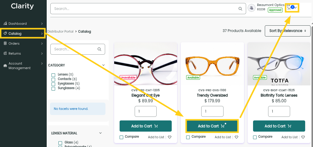 Liferay UI screenshot: After navigating to the catalog in the left sidebar, the Add to Cart button was selected for Trendy Oversized, and the cart in the upper right now includes a product.