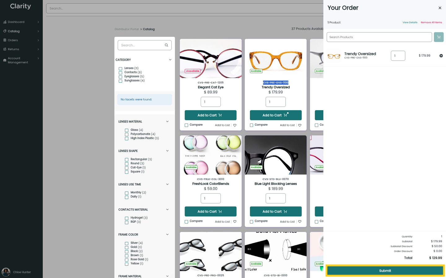 Liferay UI screenshot: The submit button is in the bottom right after clicking the mini cart icon.