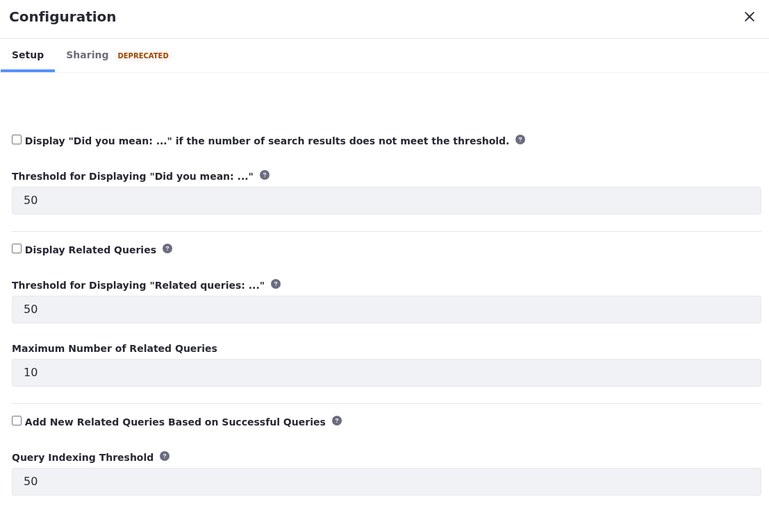 Liferay UI screenshot: The configuration setup tab contains settings for suggestions and related queries.