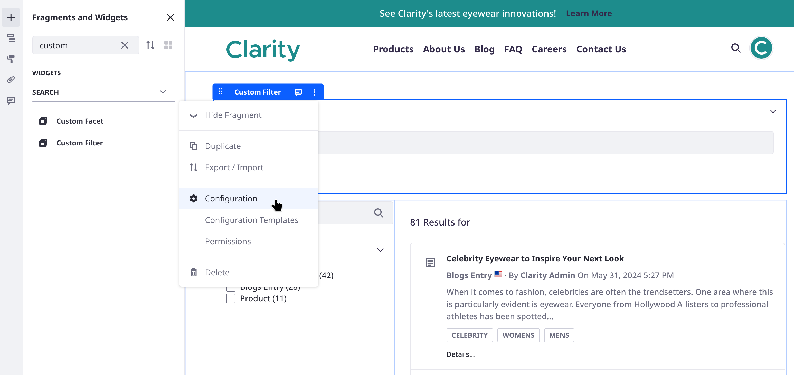 Liferay UI screenshot: A configuration menu is available for custom filters placed on a search page.