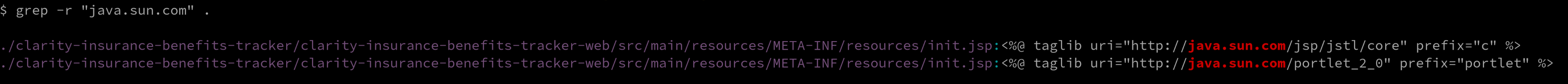 Search for Java-based taglib URIs (e.g., java.sun.com) across the modules.