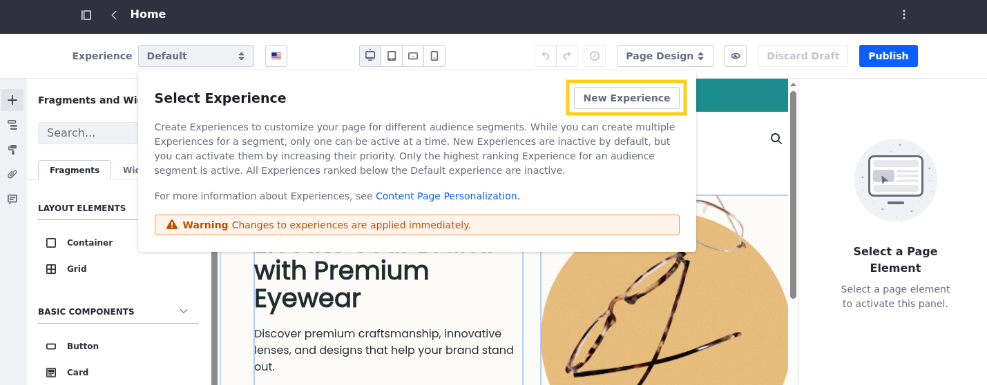 Liferay UI screenshot: After selecting the "default" field for the experience selector, a button to create a New Experience will be present.