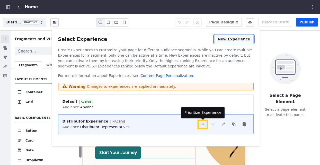 Liferay UI screenshot: In the experience selector, the prioritize experience icon moves the experience above the default experience.