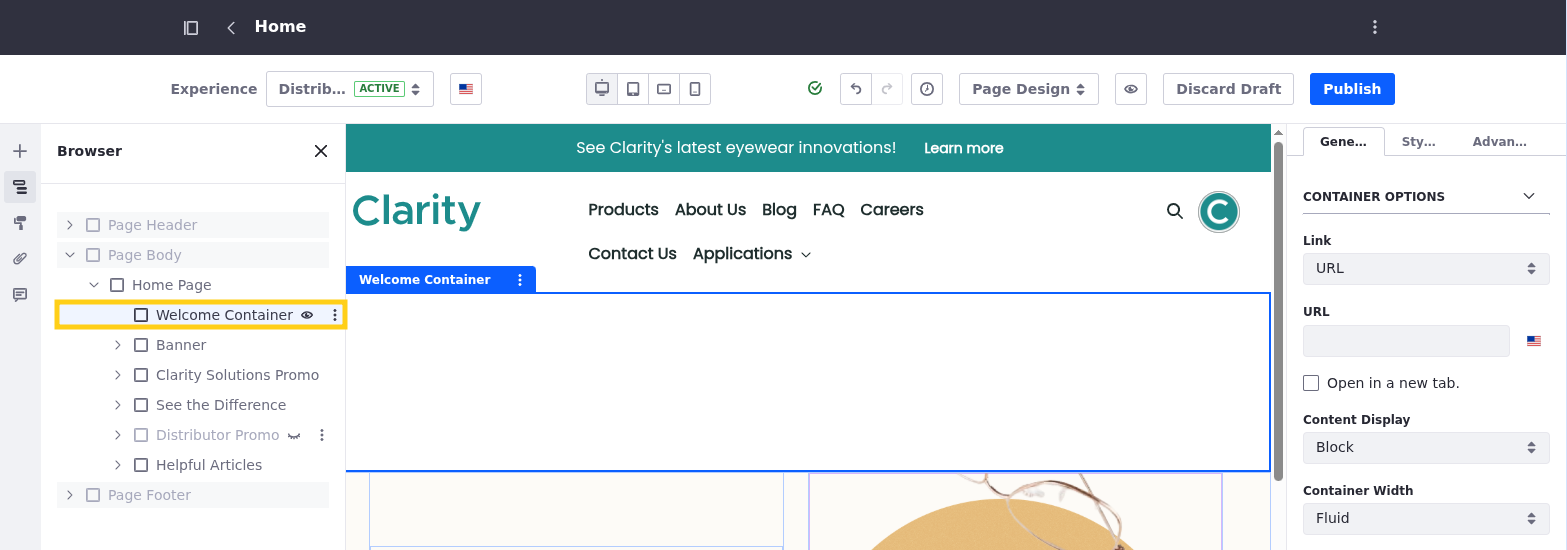 Liferay UI screenshot: In the left sidebar, the Welcome Container should be listed right above the Banner container.