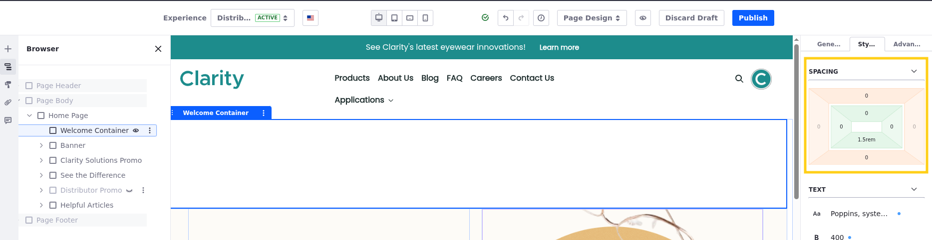 Liferay UI screenshot: Spacing is configured in the right sidebar.