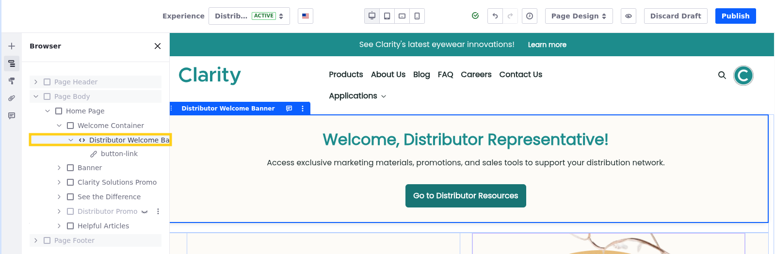 Liferay UI screenshot: The Distributor Welcome Banner fragment should be subset inside the Welcome Container.