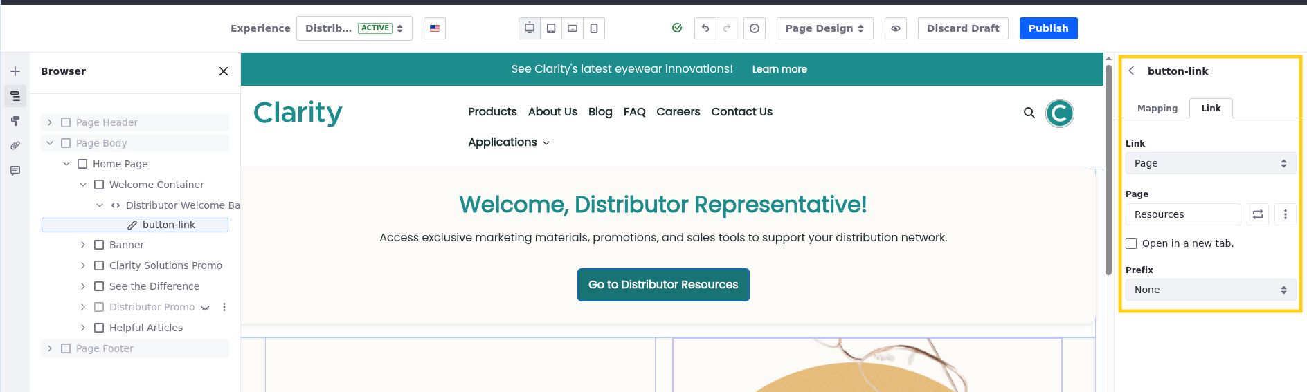 Liferay UI screenshot: Link configurations are made in the right sidebar when the button-link element is selected.