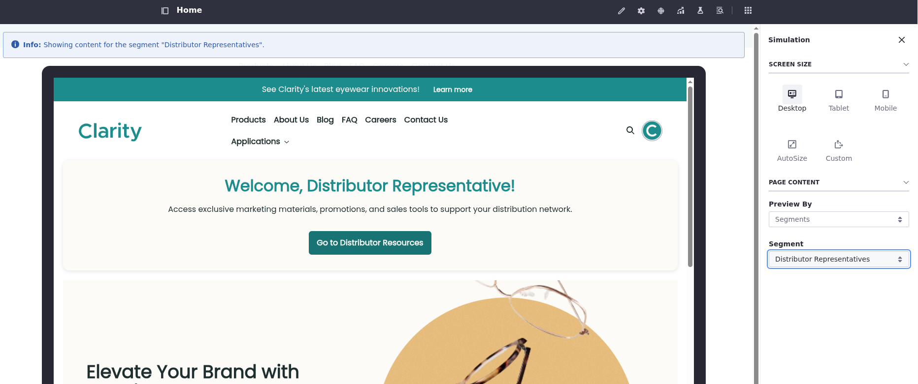Liferay UI screenshot: Select Distributor Representatives in the right sidebar's Page Content > Segment field.