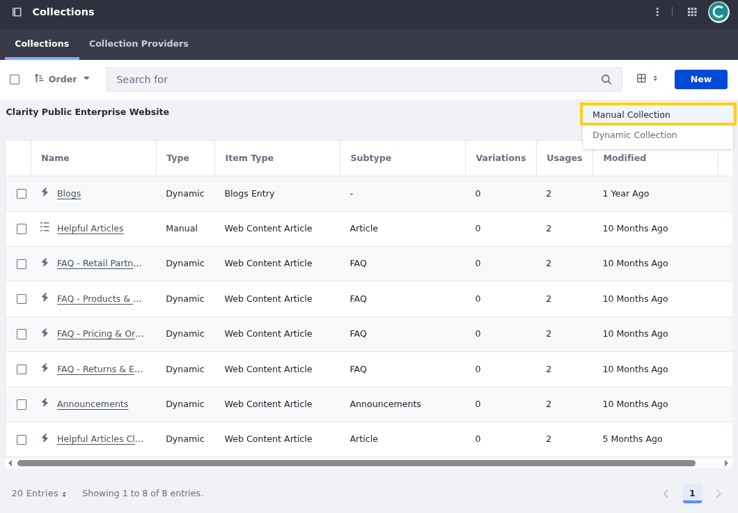 Liferay UI screenshot: The option to select New > Manual Collection is in the upper right of the Collections page.