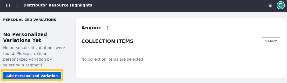 Liferay UI screenshot: The button to add a personalized variation is in the left sidebar.