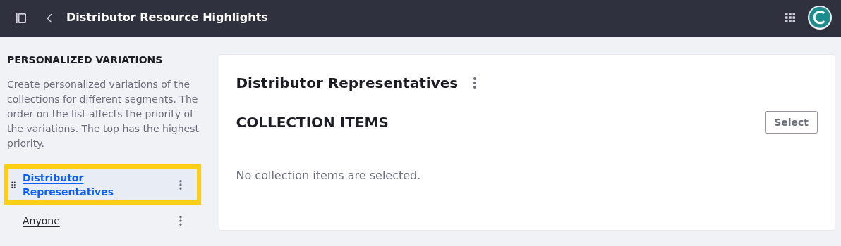 Liferay UI screenshot: After a variation is added, the option to select and move it is available in the left sidebar.