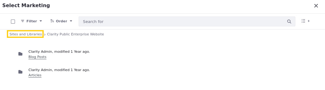 Liferay UI screenshot: Sites and Libraries is a hyperlinked breadcrumb in the modal dialog.
