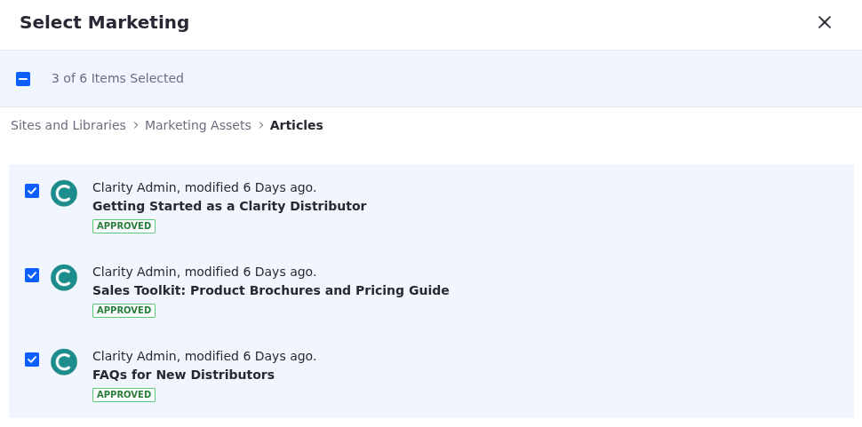 Liferay UI screenshot: Three of six articles should now have their checkboxes selected.