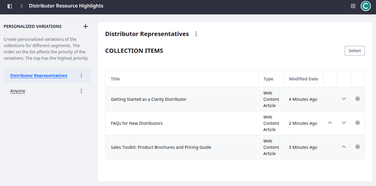 Liferay UI screenshot: The populated collection should contain the three articles you previously selected.