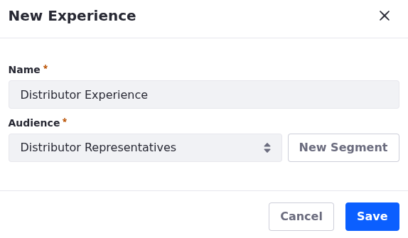 Liferay UI screenshot: The New Experience UI contains fields to configure the name and audience of the experience.