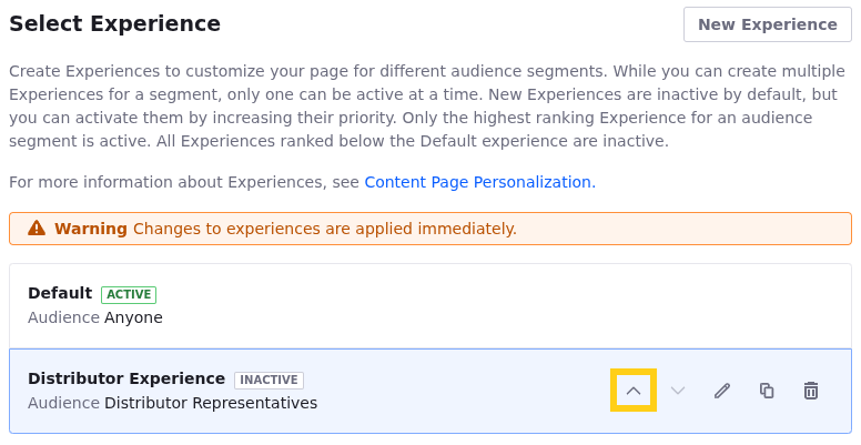 Liferay UI screenshot: The Distributor Experience has an up arrow icon next to it, which can be clicked to prioritize and activate the experience.