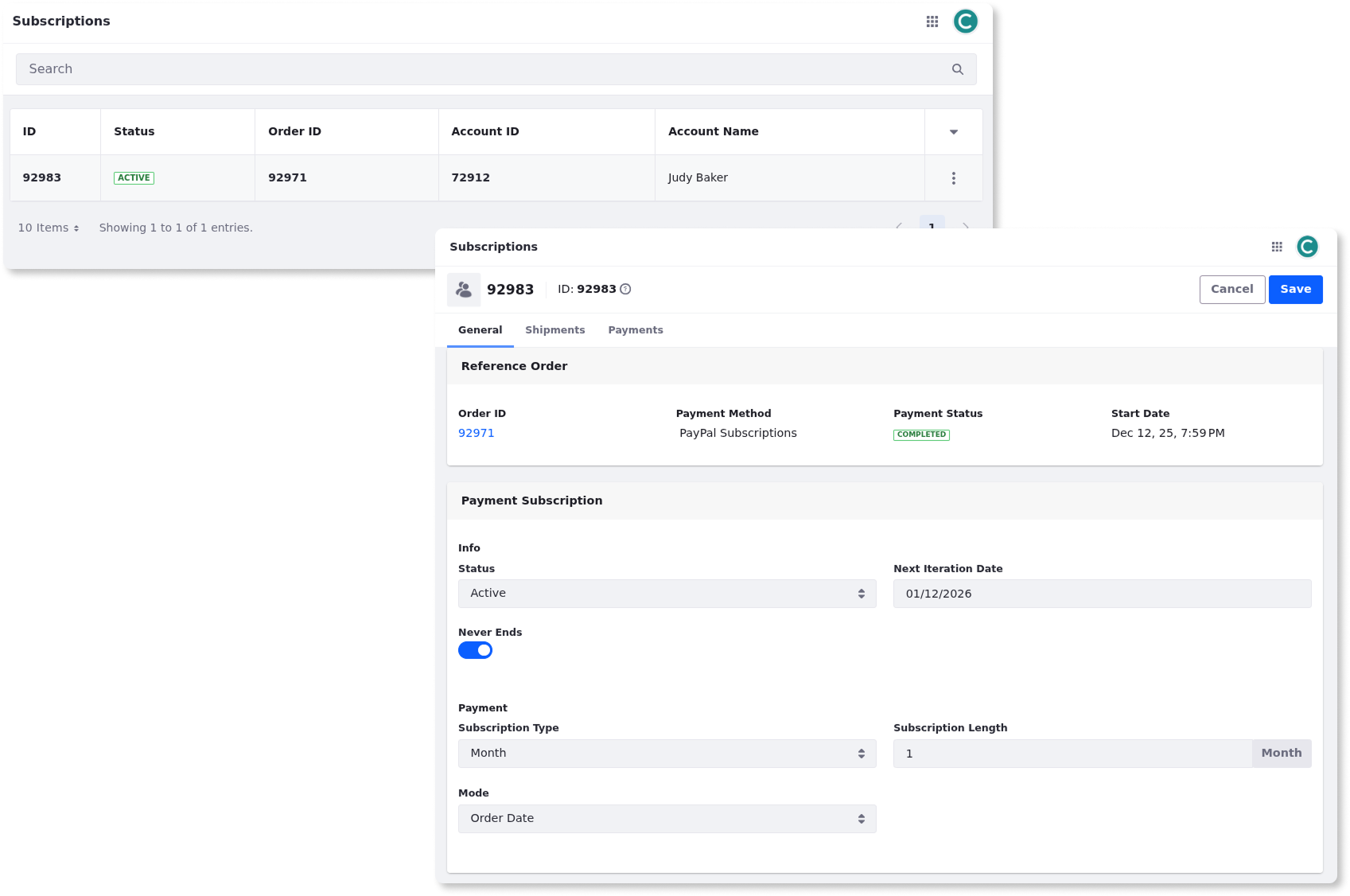 Once created, orders appear in the dedicated Orders application.