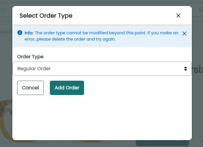 Customers can choose an order type when adding the first item to the cart.