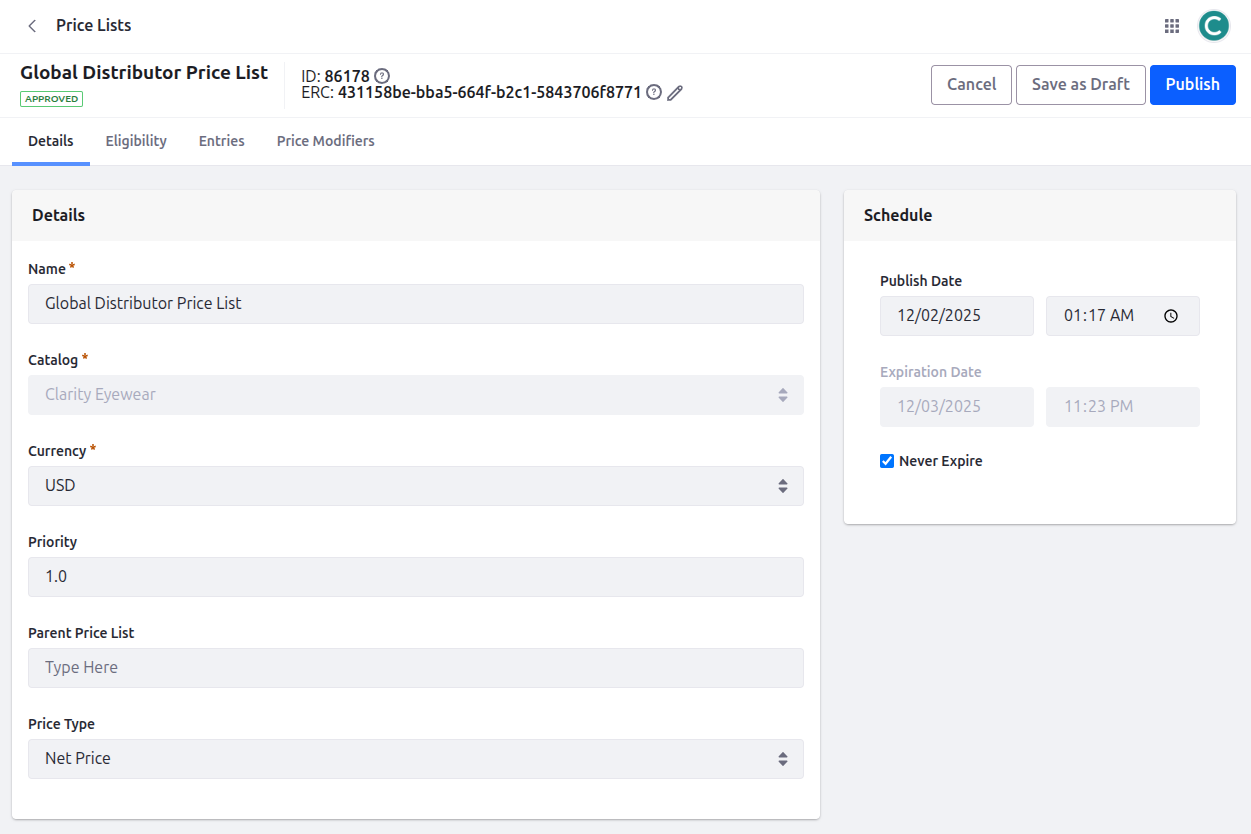 Both list types include configurations for individual SKU entries, including the price type (net vs. gross), priority, and more.