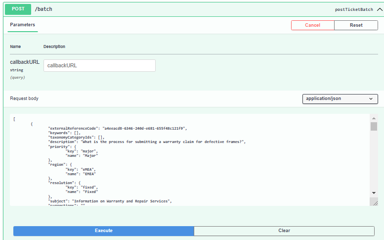 Copy the contents of import_legacy_tickets.txt and paste them into the Request Body field for the postTicketBatch endpoint.