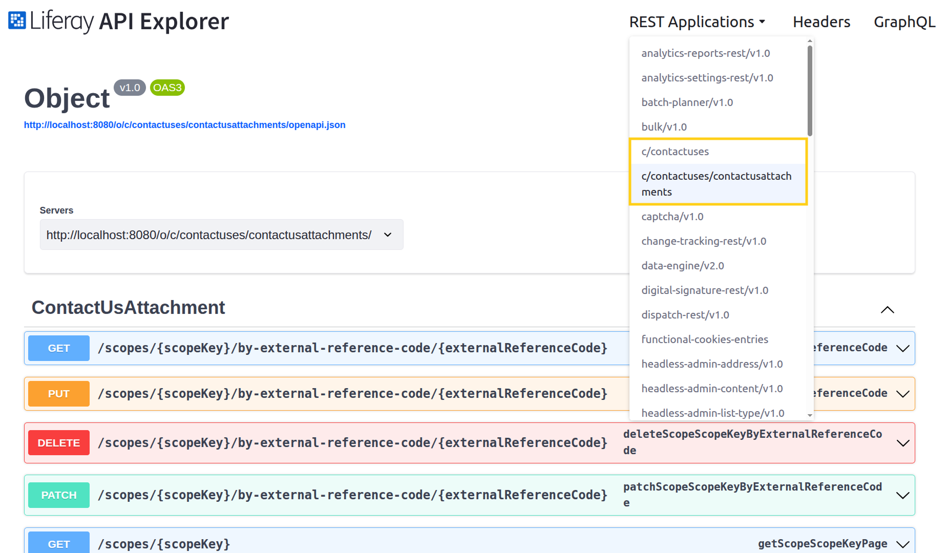 The API explorer shows child objects as nested elements under their parent.