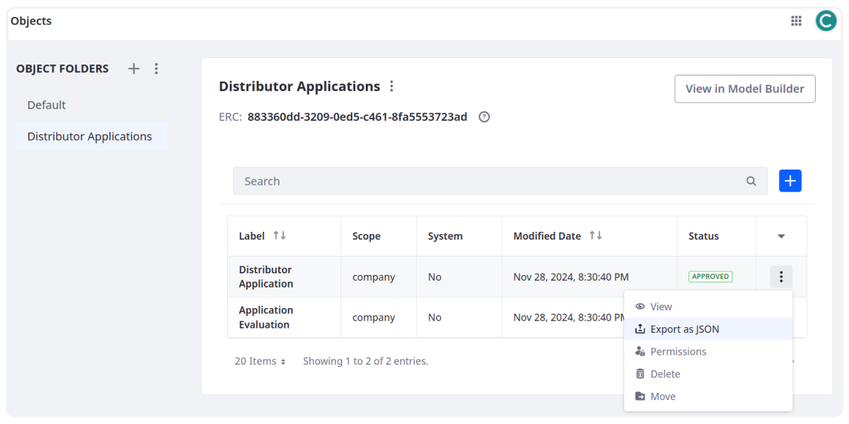 You can export assets such as objects as a JSON file.